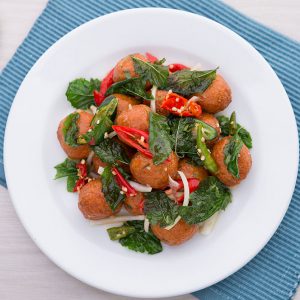 Stir-fried spotted featherback fish cake and hot basil